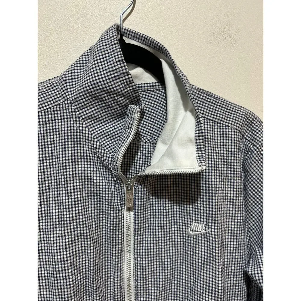 Nike seersucker gingham jacket women size L zipper lightweight cotton blue white